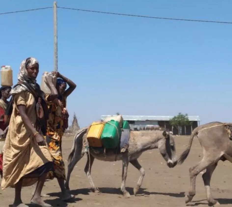 Hungersnot im Südsudan: Familie transportiert Wasserkanister auf Eseln